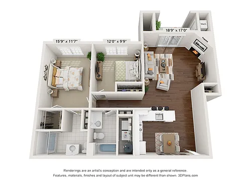 Floor plan Hen One - 2 Bed 2 Bath 1st floor Interior