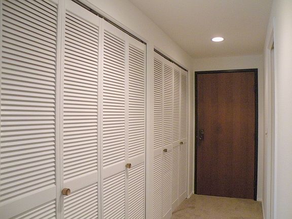 Entry of Unit 201 features a wall of storages shelves & closets