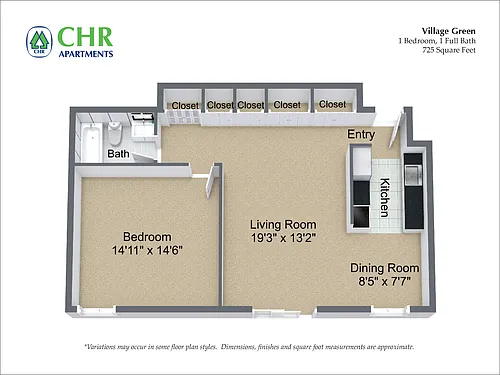 Floor plan 1 Bed/1 Bath with Many Closets