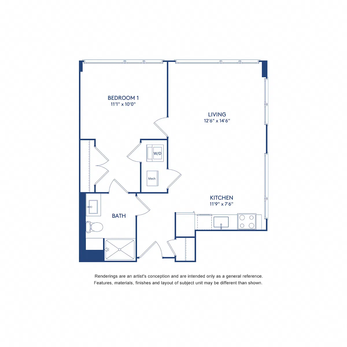 Floor plan 1 BR 1 BA (658 SF)