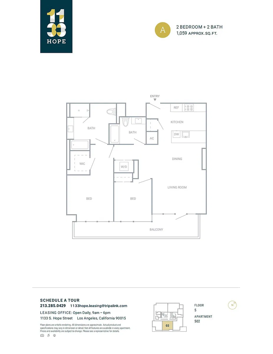 Floor plan 2 Bed 2 Bath - 1059 sqft