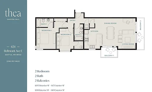 Floor plan 2 Bedroom 2 Bath 1053 sqft