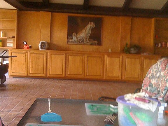 Cabinets line the wall