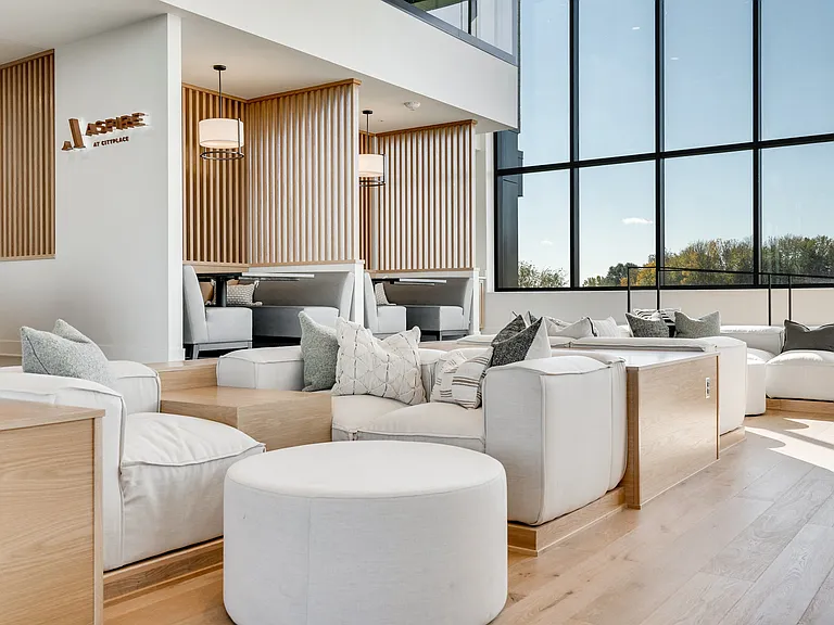 Connect with neighbors in our bright and open lobby with built-in seating.