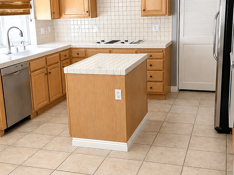Bright kitchen with center island, tile countertops, and generous cabinet storage with breakfast nook