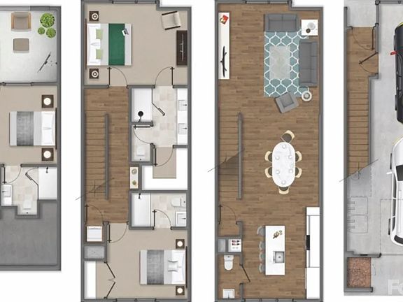 4 level floor plan; huge 2 car garage, second floor with kitchen, breakfast nook, living room and guest powder room, 3rd floor has 2 BR 2 full bath and the washer/dryer, 4th floor has extra BR/office, a full bath and the roof terrance!