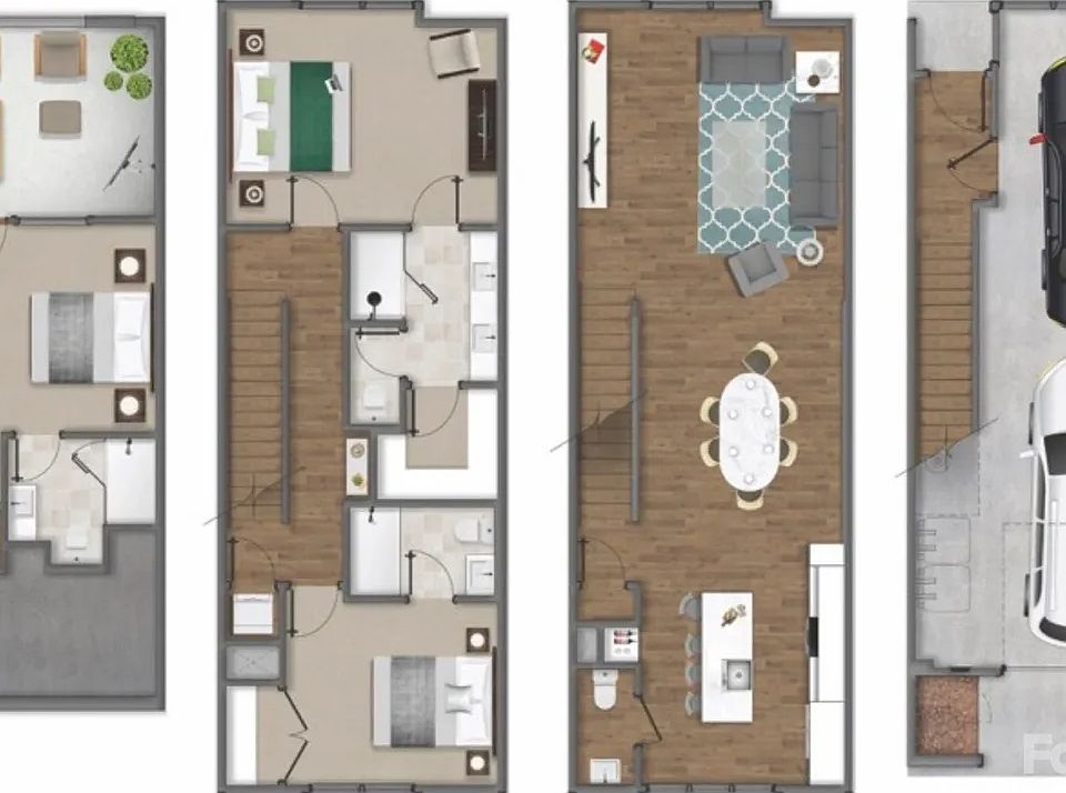 4 level floor plan; huge 2 car garage, second floor with kitchen, breakfast nook, living room and guest powder room, 3rd floor has 2 BR 2 full bath and the washer/dryer, 4th floor has extra BR/office, a full bath and the roof terrance!