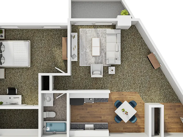 One bedroom floor plan, L shape bedroom