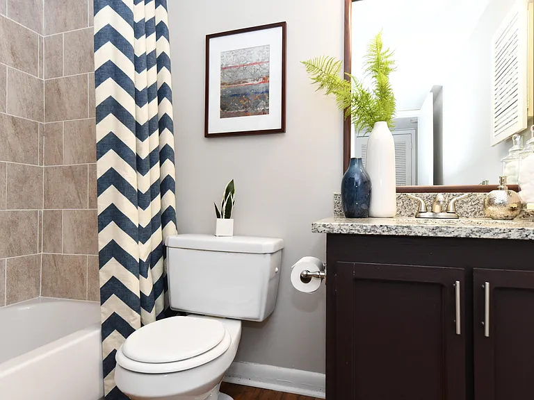Bright bathroom with granite counters and bathtub