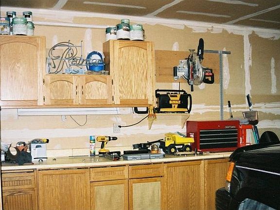 Garage with cabinets