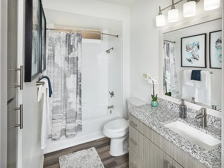 Bathrooms feature wood grain cabinets and framed mirrors
