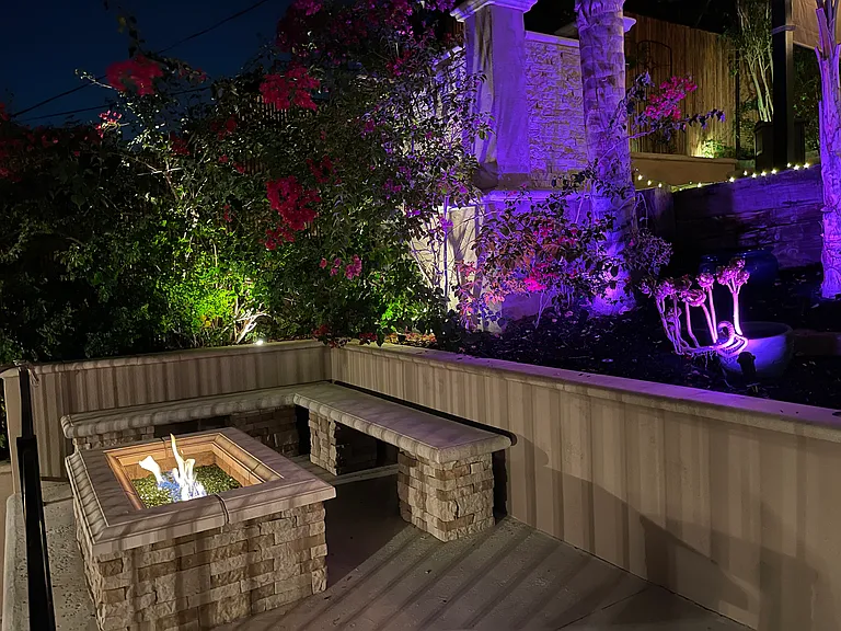 Private patio with 4 tiers and colored lights, new patio furniture, BBQ, fire pit