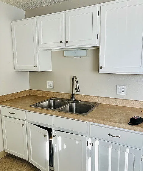 Bright, modern kitchen with sleek white cabinets and a double stainless steel sink, ideal for culinary creativity.