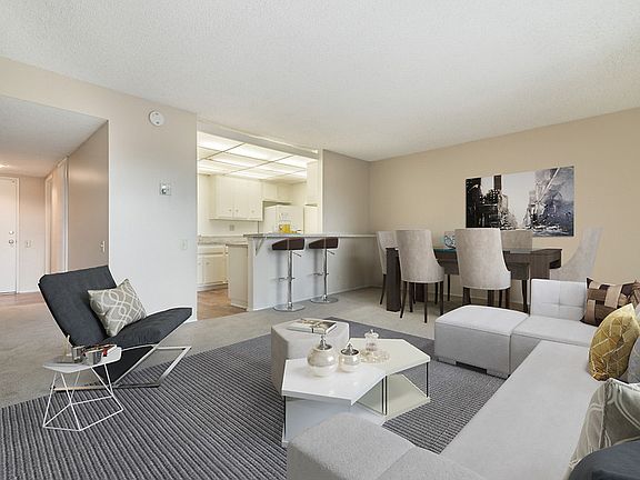 Staged and carpeted living room.
