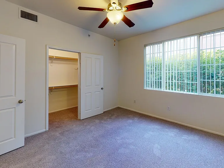 Spacious apartment bedroom with large closet and plush carpet flooring.