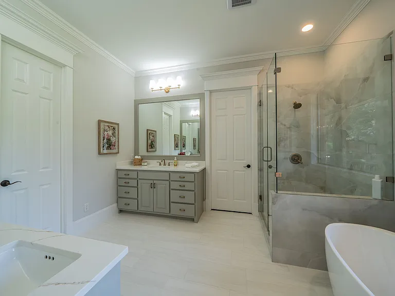 Pamper Yourself: Glam Makeup Vanity with Stool & Deep Freestanding Soaking Tub
