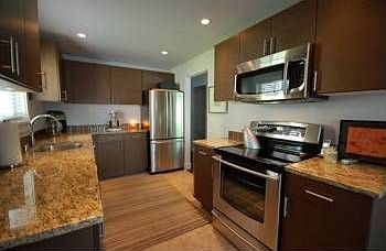 Modern kitchen, slab granite and stainless