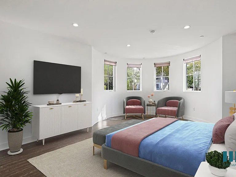 Large-Size Bedroom with Lots of Windows, Recessed Lighting, and Vinyl Flooring