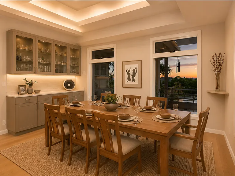 The dining area is perfectly positioned to capture breathtaking views while offering a warm and inviting space for gathering with family and friends.