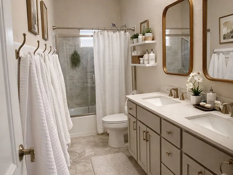 Upstairs bathroom with double sinks
