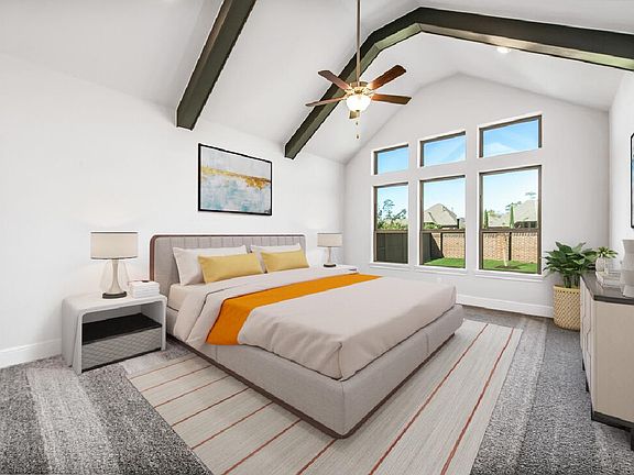 Beamed ceiling in primary bedroom virtually staged for demonstration