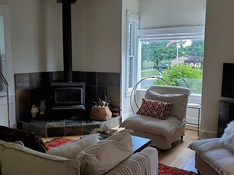 The wood burning stove adds coziness