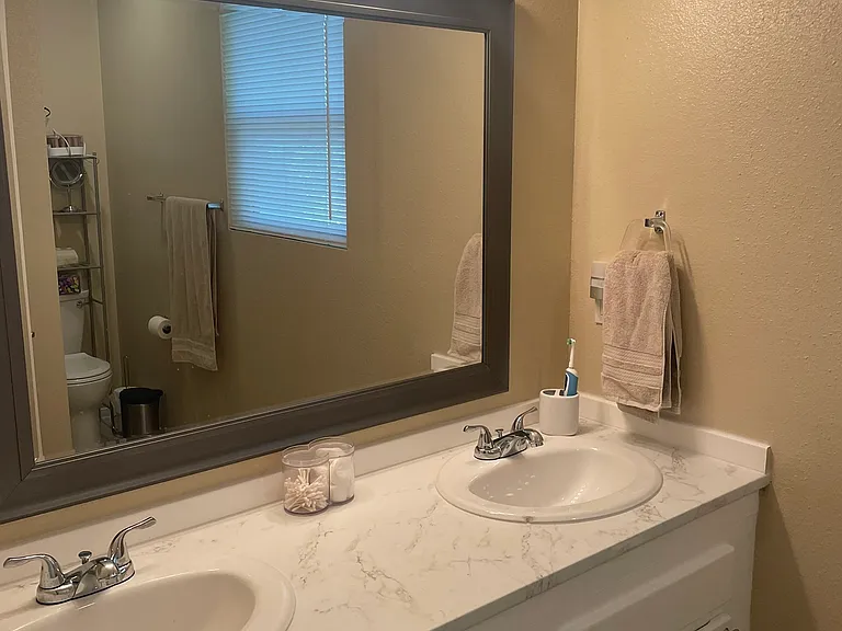 Updated bathroom with new double sinks, mirror and more.