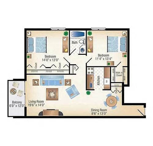 Floor plan HIGH RISE 2 Bed 1 Bath