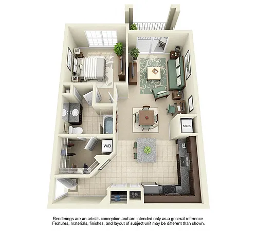 Floor plan A1: 1 Bed 1 Bath