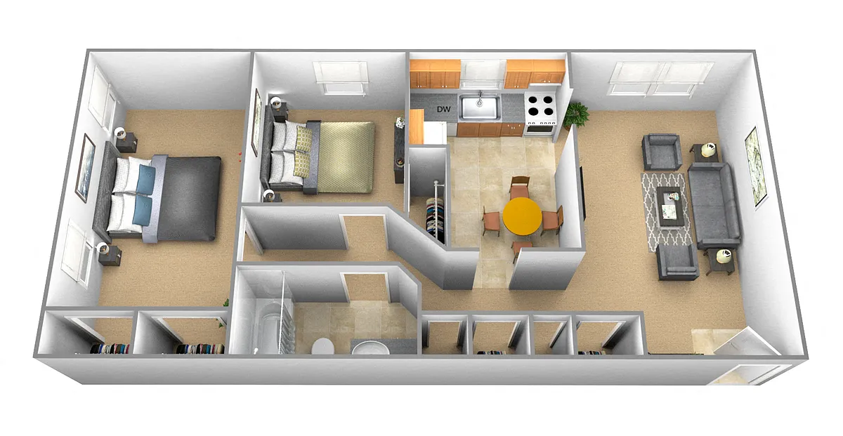 Floor plan 2 Bedroom 1 Bath - Downing Floor Plan