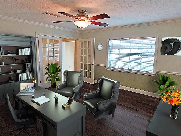 Bedroom 4 staged as a Home Office - looking towards Main Home Entry