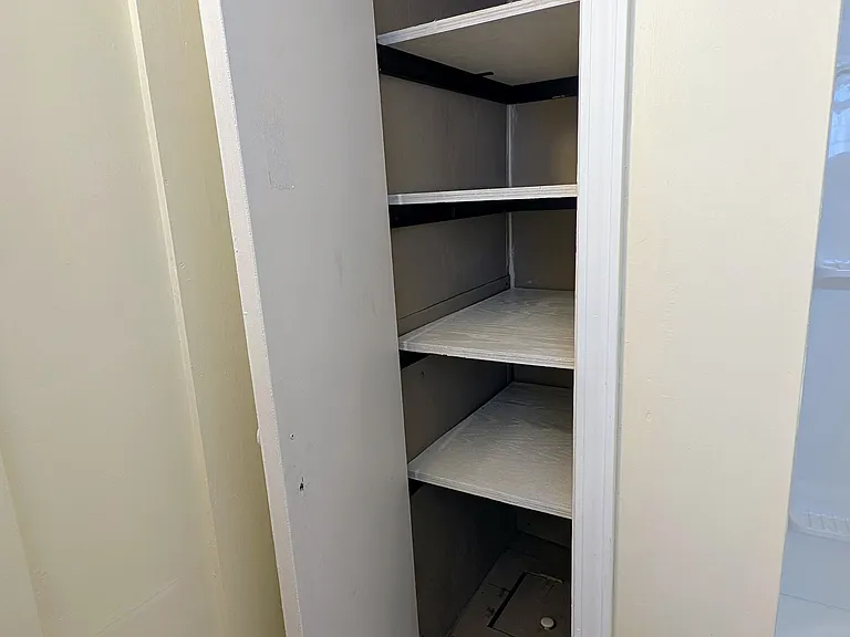 Linen closet in the bathroom provides convenient built-in storage for towels and toiletries.
