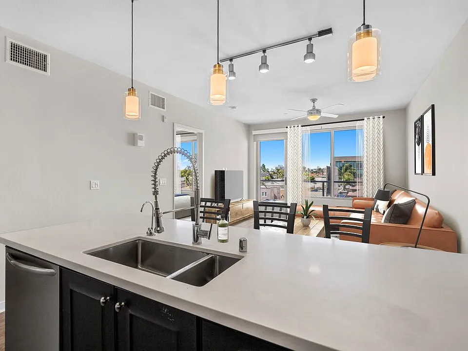 Kitchen, living, and dining area