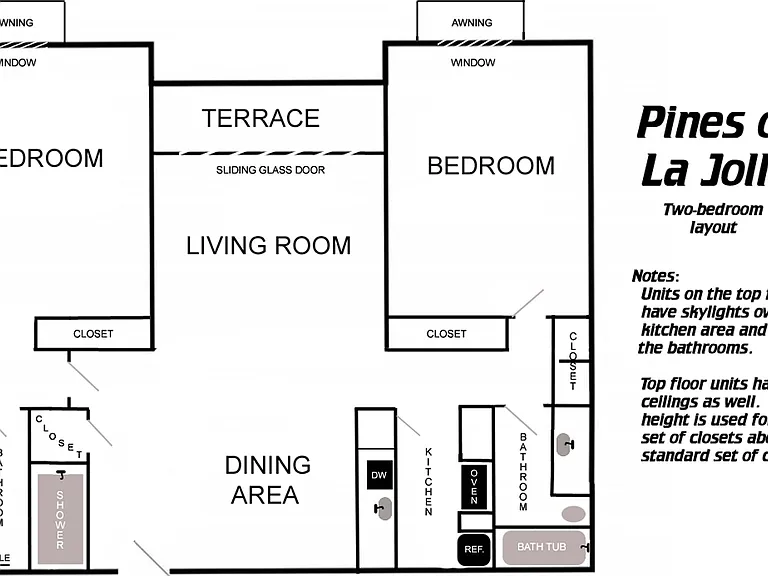 Floorplan for 3K. Skylights are above the kitchen and the right-hand bathroom.