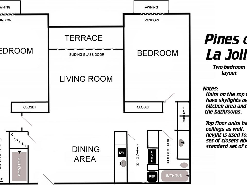 Floorplan for 3K. Skylights are above the kitchen and the right-hand bathroom.