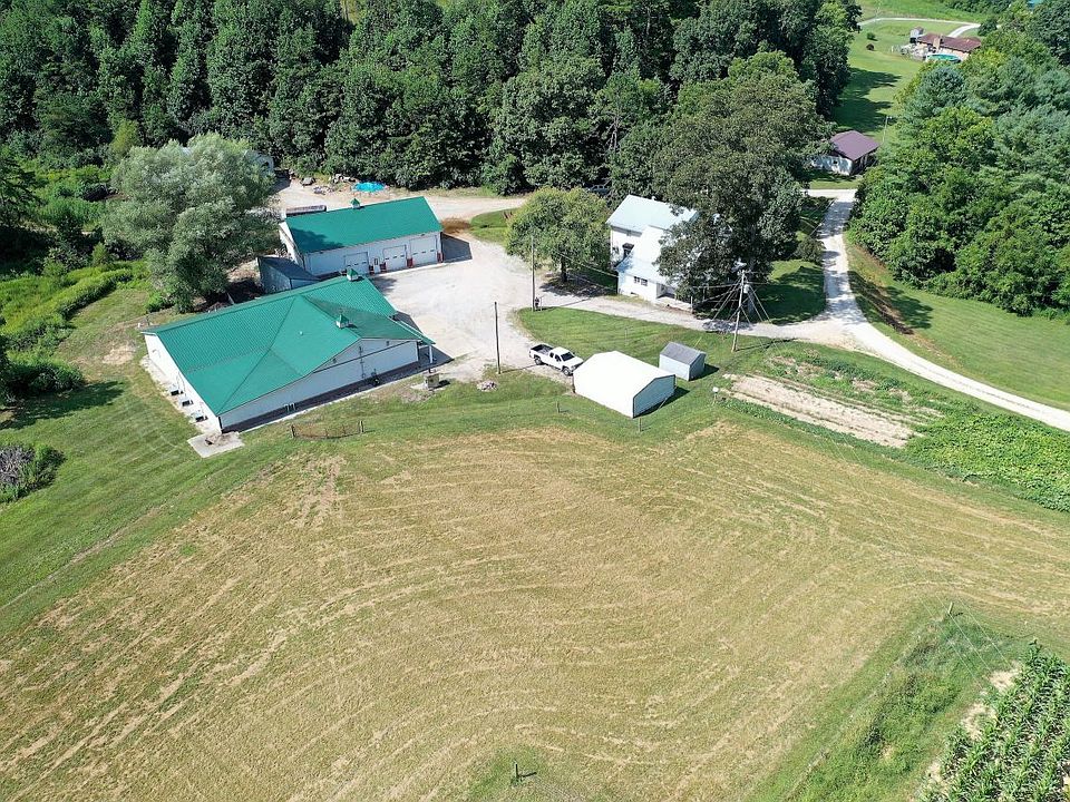Drone shot of the meat processing facility, home and west portion of the property