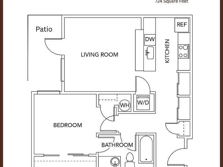 Modern 1-bedroom floor plan with patio, featuring a spacious living room, fully-equipped kitchen, and bathroom, totaling 724 square feet. Modern 1-bedroom floor plan with patio, featuring a spacious living room, fully-equipped kitchen, and bathroom, total