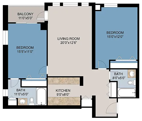 Floor plan 2 Bed 1000