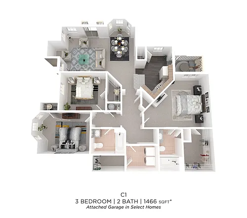 Floor plan Three Bedroom 2 Bath - 1,466 sqft