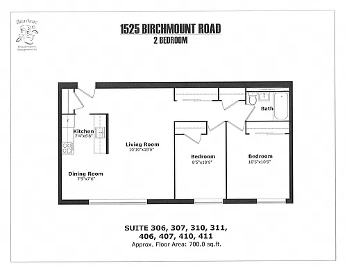 Floor plan 2 bedroom, 1 bathroom (no balcony) 2 Bed 1 Bath