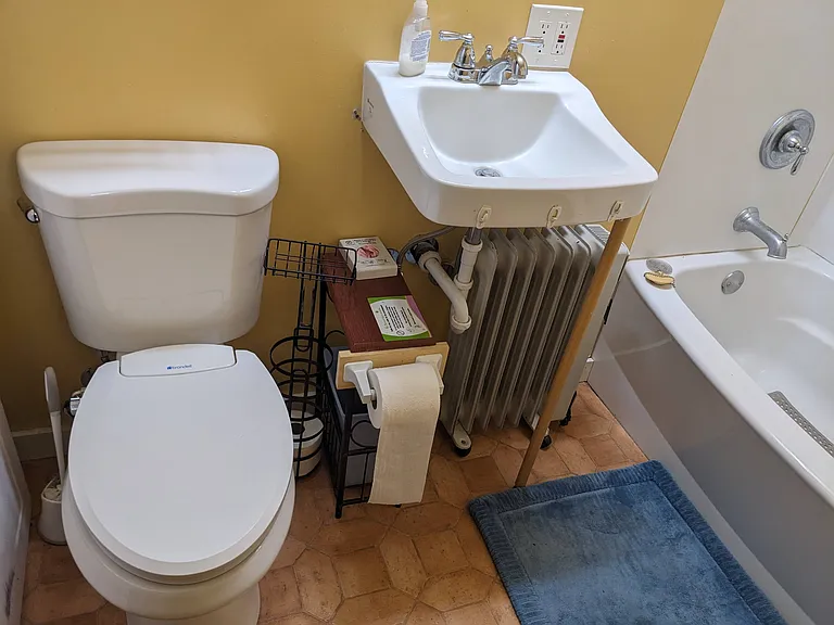 First floor bathroom. Initial toiletries and cleaning supplies provided.