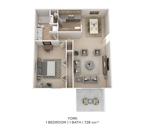 Floor plan York 1Bed 1Bath 728sqft