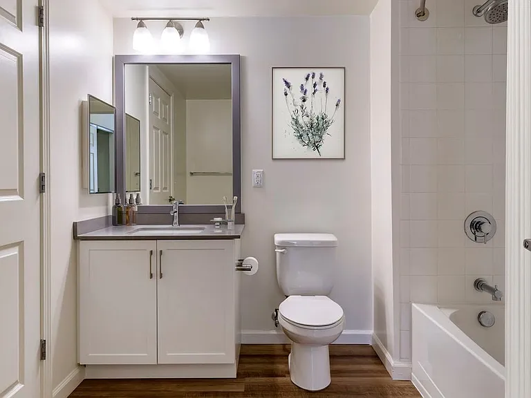 Renovated II bath with grey quartz countertops, white cabinetry, and hard surface flooring