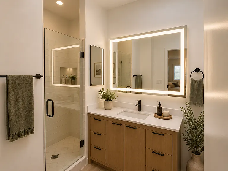 Bathroom with with shower with frameless glass door and LED mirror