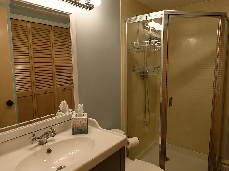 Downstairs bath. This bathroom is also the laundry room with a front-loading washer and dryer behind doors on the right.