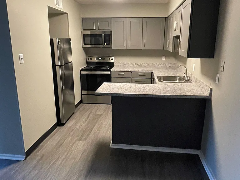 Upgraded Kitchen with Gray Cabinetry, Stainless Steel Appliances, New Countertops and Luxury Vinyl Plank Flooring