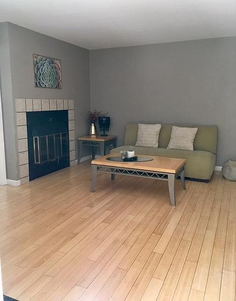 Living room with wood-burning fireplace.