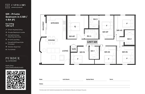 Floor plan 501 - Private Bedroom in 6BR / 4BA (F)