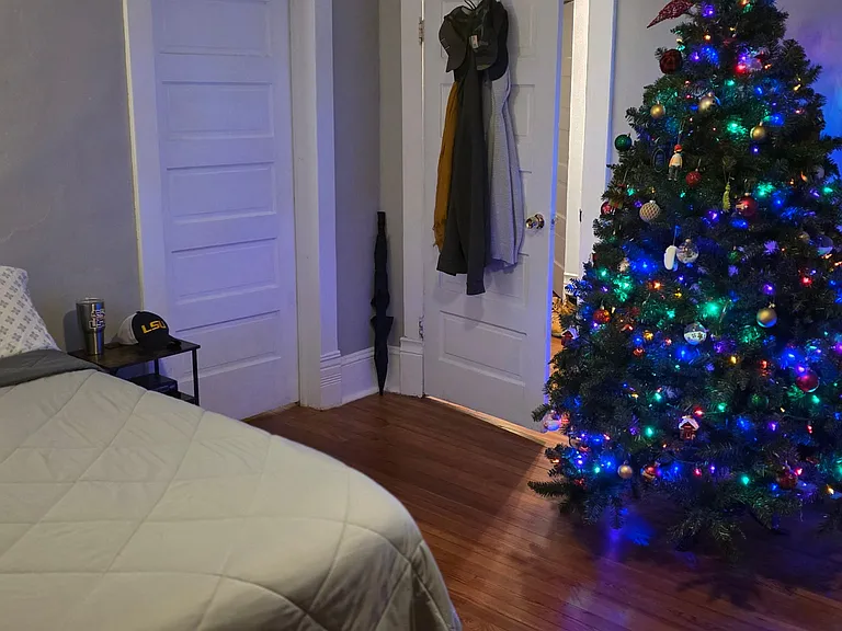 Bedroom One w/ Designer Ceiling Fan and Newly Refinished Hardwood Floors and Designer Paint.