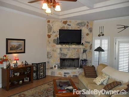 Rock woodburning fireplace